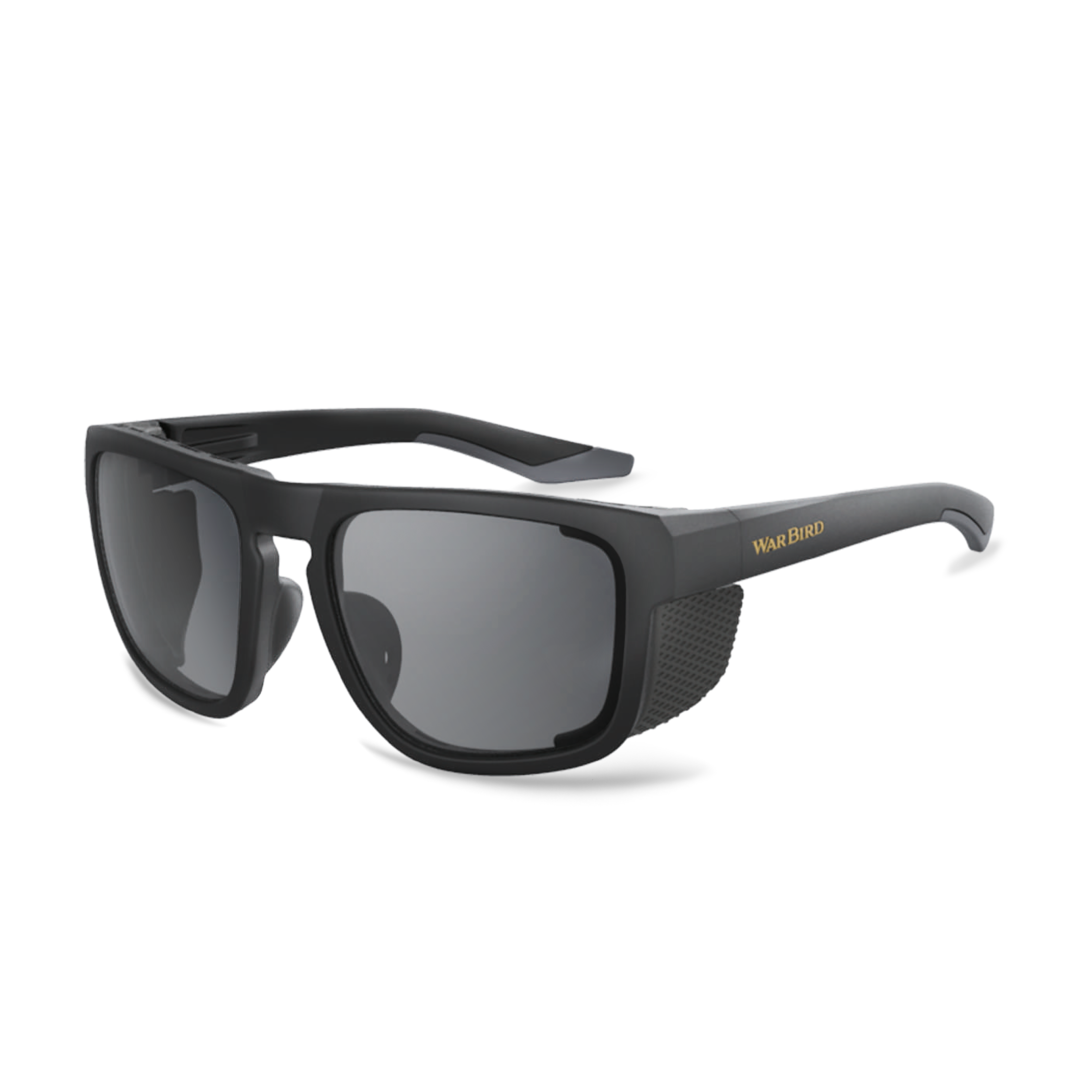 A pair of black sunglasses with a square lens design and additional protective shields on the sides.